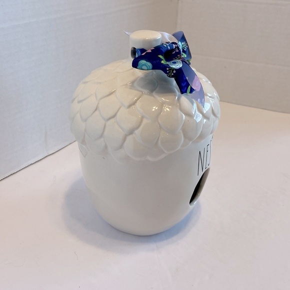 RAE DUNN ACORN “NEST”  BIRDHOUSE Blue Ribbon Detail Decor Piece - Picture 2 of 8